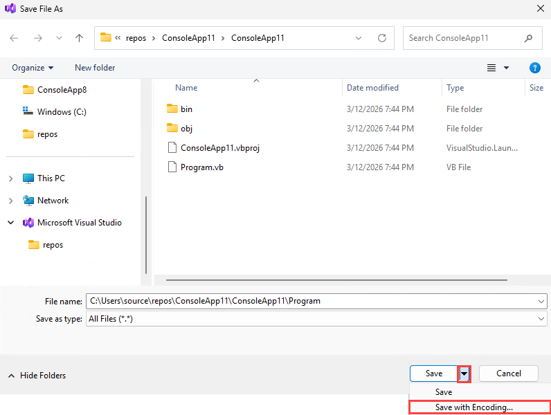 Visual Studio의 Save with Encoding 메뉴를 보여 주는 Microsoft 공식 안내 이미지